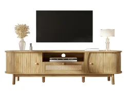 Móvel de TV de rattan 165x37x46 cm - 2 portas e 1 gaveta de rattan - Estilo rústico - MDF - Natural