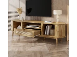 Móvel de TV de rattan 165x37x46 cm - 2 portas e 1 gaveta de rattan - Estilo rústico - MDF - Natural