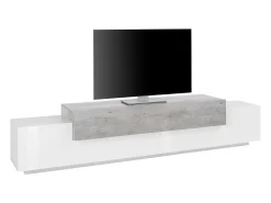 Móvel de TV Dlamann, Aparador baixo de sala, base de móvel de TV, 100% Fabricado em Itália, 240x45h52 cm, Branco brilhante e cimento