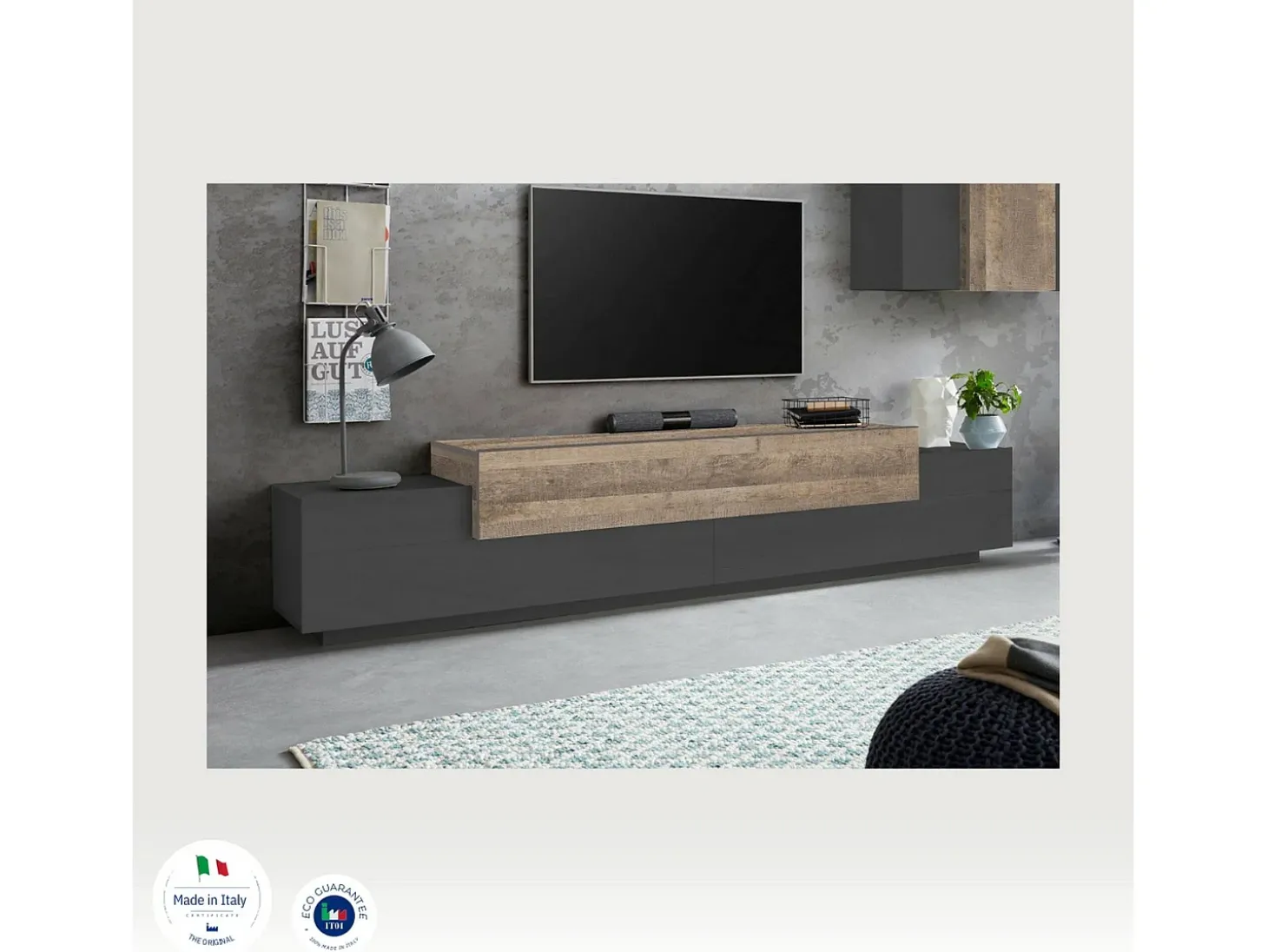 Móvel de TV Dlamann, Aparador baixo de sala, base de móvel de TV, 100% Fabricado em Itália, 240x45h52 cm, Antracite e Bordo