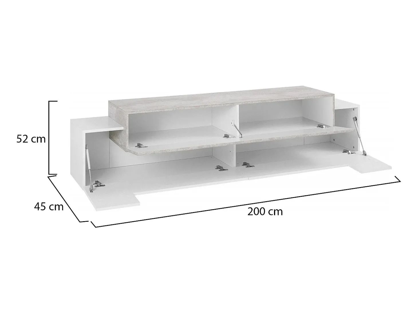 Móvel de TV Dmirand, Aparador baixo de sala, base de móvel de TV, 100% Fabricado na Itália, 200x45h52 cm, Branco brilhante e cimento