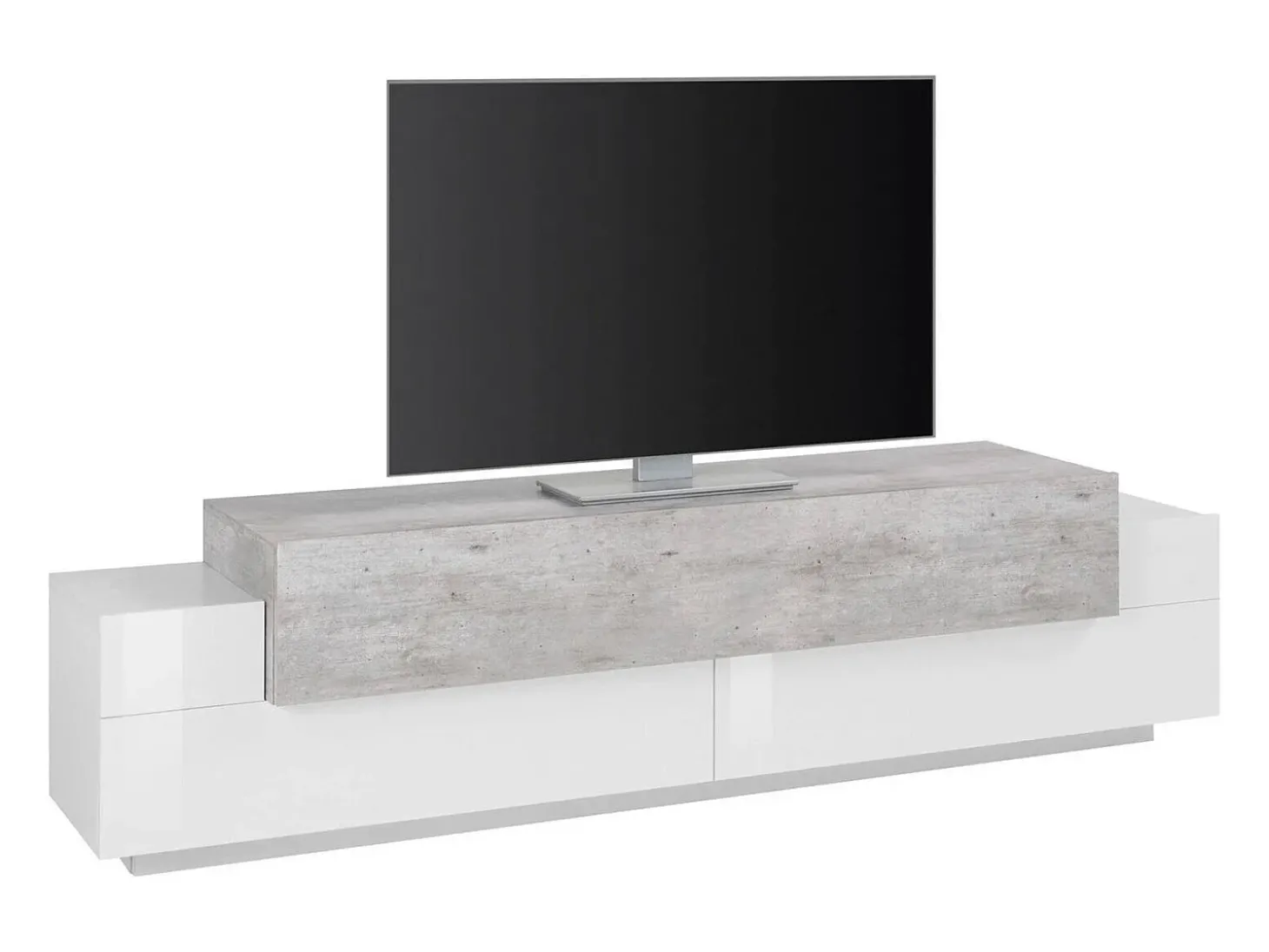 Móvel de TV Dmirand, Aparador baixo de sala, base de móvel de TV, 100% Fabricado na Itália, 200x45h52 cm, Branco brilhante e cimento