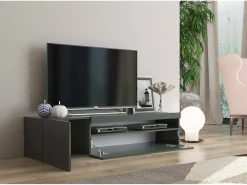 Móvel de TV Dmontu, Aparador baixo de sala, base de móvel de TV, 100% Fabricado em Itália, 150x40h37 cm, Antracite brilhante, com luz LED