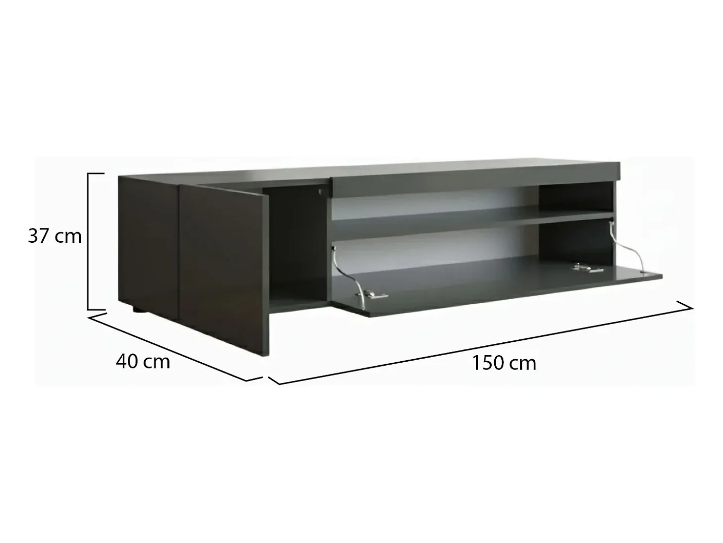 Móvel de TV Dmontu, Aparador baixo de sala, base de móvel de TV, 100% Fabricado em Itália, 150x40h37 cm, Antracite brilhante, com luz LED