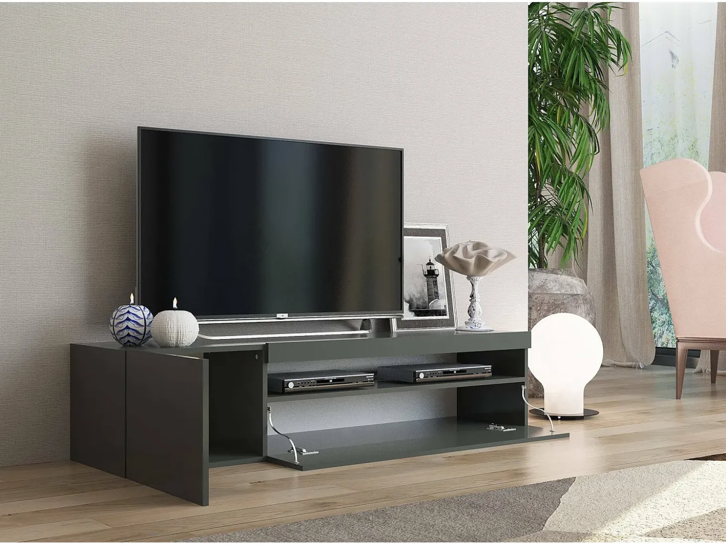 Móvel de TV Dmontu, Aparador baixo de sala, base de móvel de TV, 100% Fabricado em Itália, 150x40h37 cm, Antracite brilhante, com luz LED