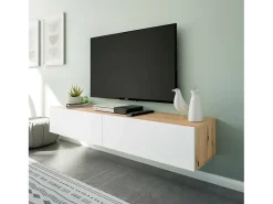 Móvel de TV Dmussi, móvel de TV de 2 portas, móvel de sala suspenso, 180x35h28 cm, Knot Oak e Branco Brilhante