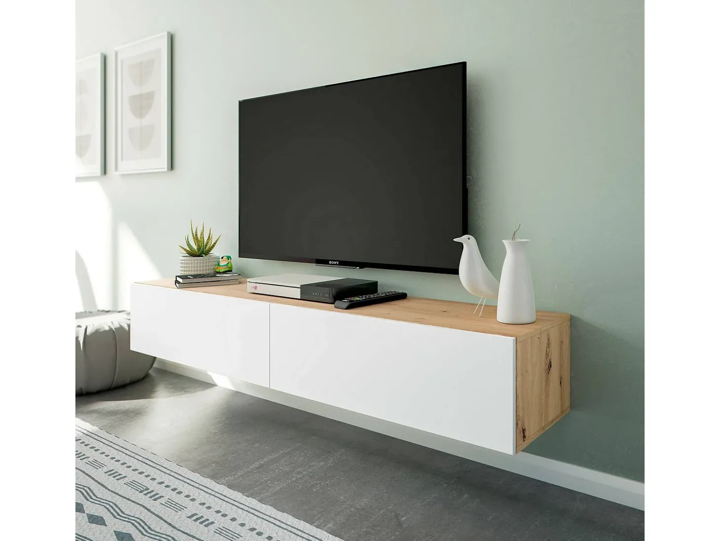 Móvel de TV Dmussi, móvel de TV de 2 portas, móvel de sala suspenso, 180x35h28 cm, Knot Oak e Branco Brilhante