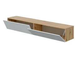 Móvel de TV Dmussi, móvel de TV de 2 portas, móvel de sala suspenso, 180x35h28 cm, Knot Oak e Branco Brilhante