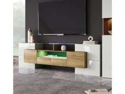 Móvel de TV elegante, modelo baixo, branco brilhante, 200 cm, iluminação LED, design moderno, superfície de vidro.