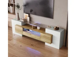 Móvel de TV elegante, modelo baixo, branco brilhante, 200 cm, iluminação LED, design moderno, superfície de vidro.