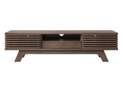 Móvel de TV em nogueira escura com 2 portas e 1 gaveta, design de porta de ripas de madeira 150x35x44cm