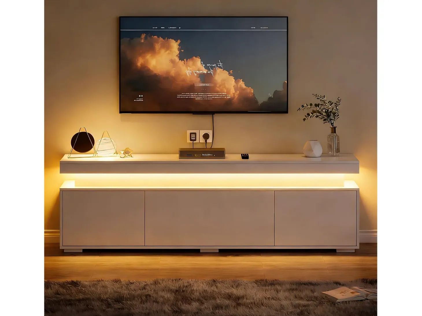 Móvel de TV envernizado brilhante 150x35x43 cm - 3 portas + 4 compartimentos de armazenamento - Iluminação LED - Painéis de partículas - Branco