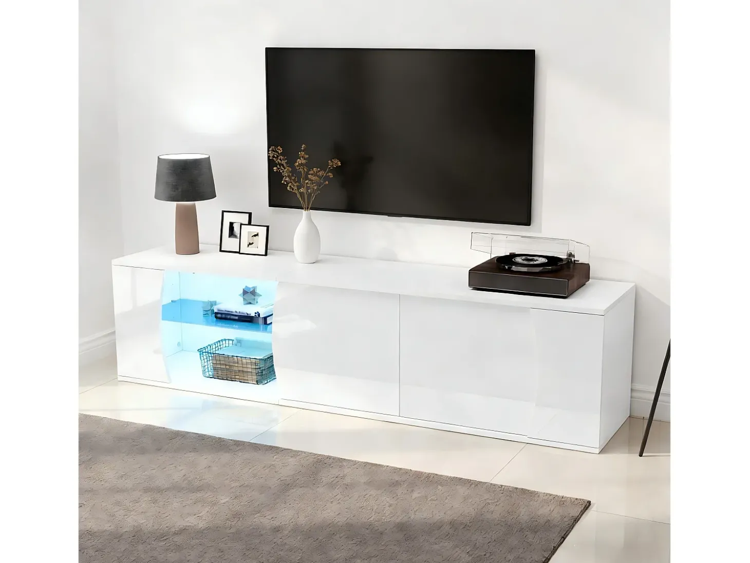 Móvel de TV envernizado brilhante 180x40x45 cm - Iluminação LED - 3 portas - Vitrais de vidro temperado - Painéis de partículas - Branco