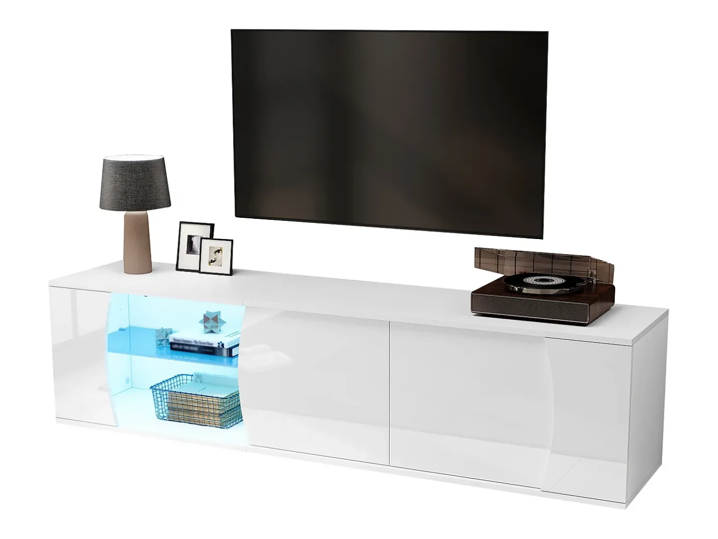 Móvel de TV envernizado brilhante 180x40x45 cm - Iluminação LED - 3 portas - Vitrais de vidro temperado - Painéis de partículas - Branco