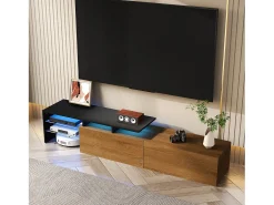 Móvel de TV, estiloso e elegante, com visual preto/madeira, prateleiras de vidro e iluminação LED. Espaço de armazenamento prático.