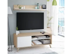 Móvel de TV Kikua Plus 135 cm com prateleira em carvalho e branco para a sala de estar