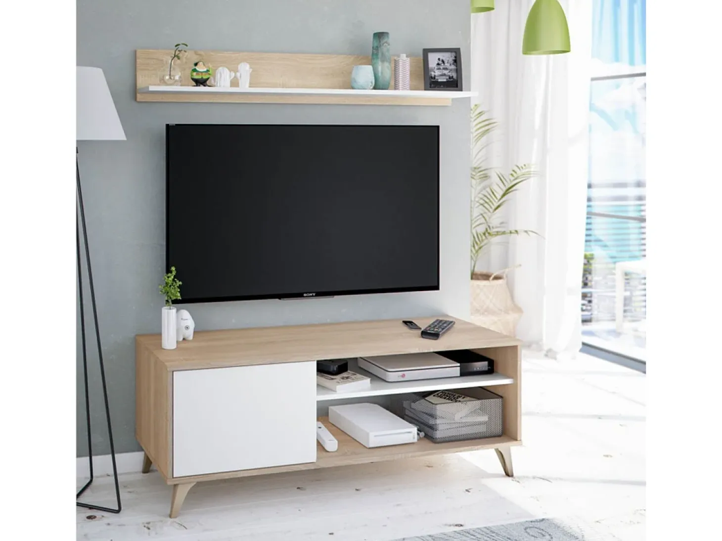 Móvel de TV Kikua Plus 135 cm com prateleira em carvalho e branco para a sala de estar