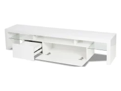 Móvel de TV LED lacado "Tina" branco com armazenamento e prateleiras de vidro