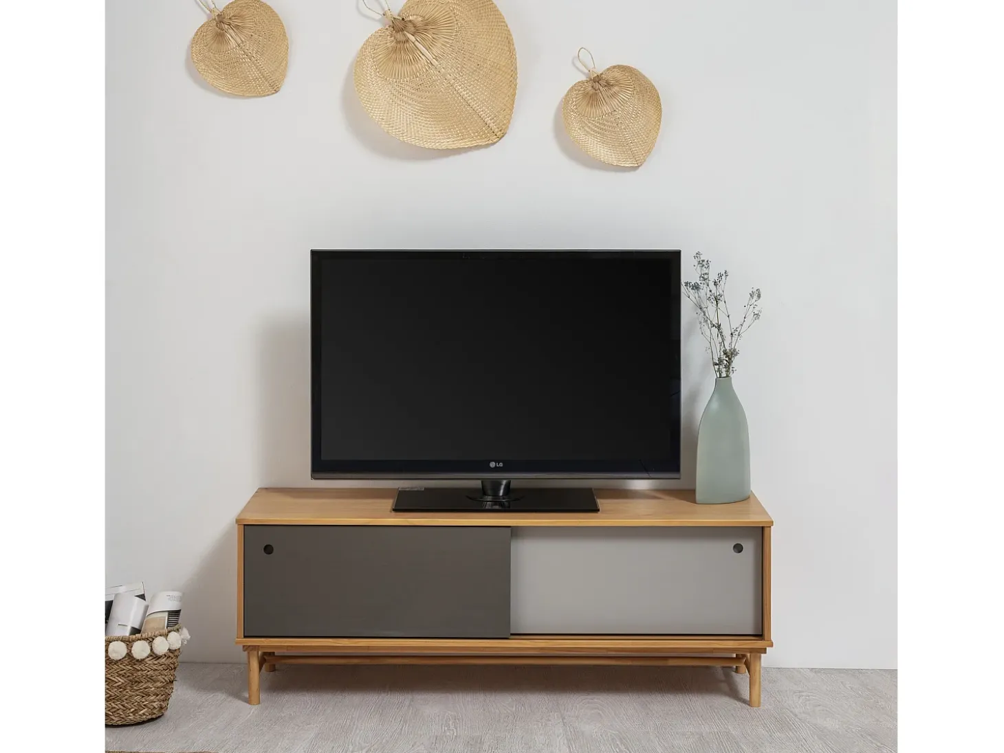 Móvel de TV Magnus 2 Portas de correr Cor Cinza, Madeira Maciça