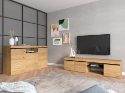 Móvel de TV modelo NATURALE cor Carvalho e Preto, 160x40x41cm