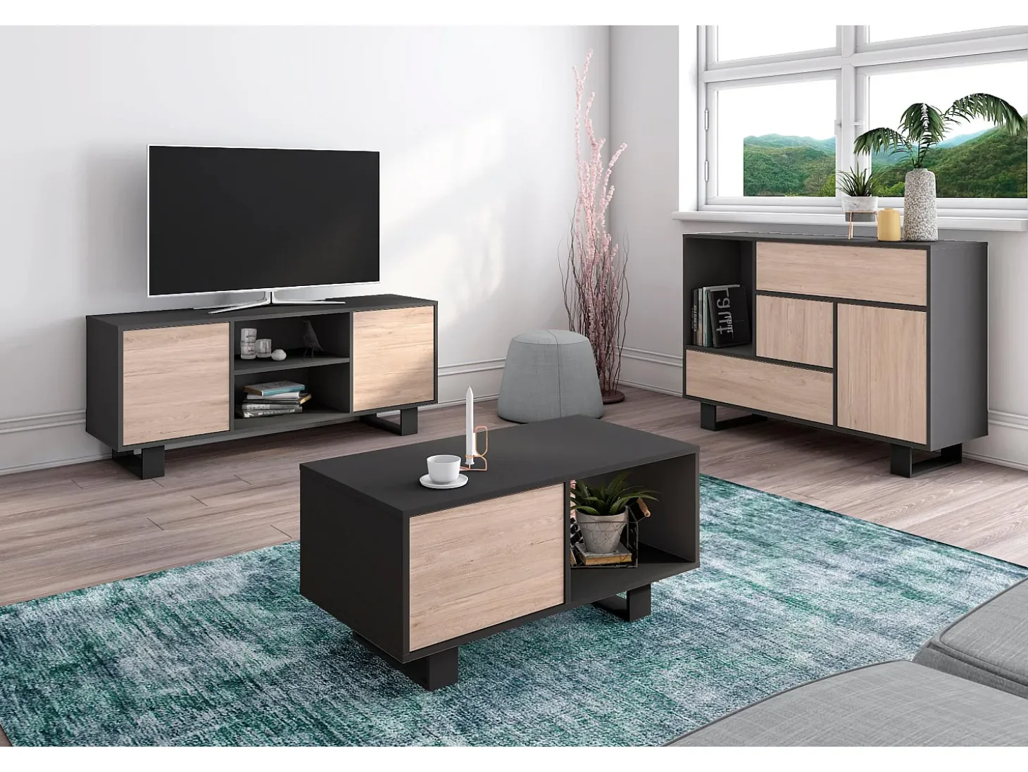 Móvel de TV modelo WIND, cor Cinza Antracite e carvalho, 137x40x57cm