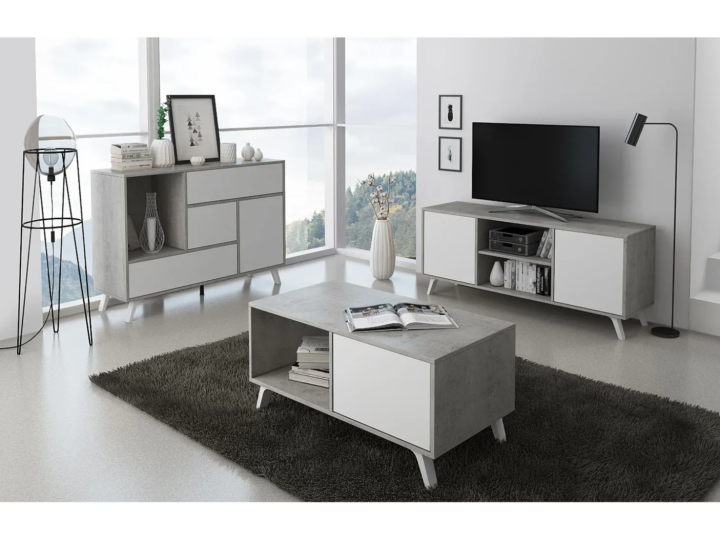 Móvel de TV modelo WIND, cor Cinzento Cemento e Branco, 95x40x57cm