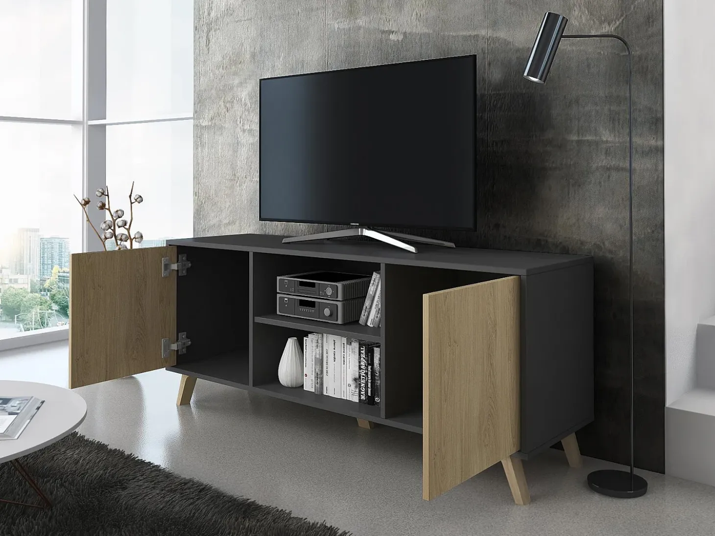 Móvel de TV modelo WIND, cor Cinza Antracite e carvalho, 137x40x57cm