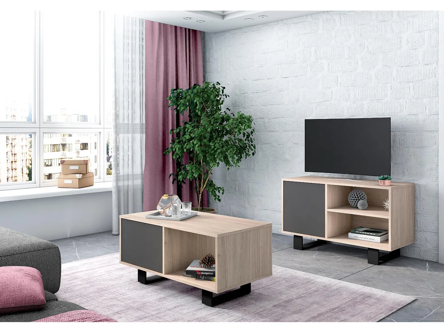 Móvel de TV modelo WIND, cor Carvalho e Cinzento antracite, 95x40x57cm