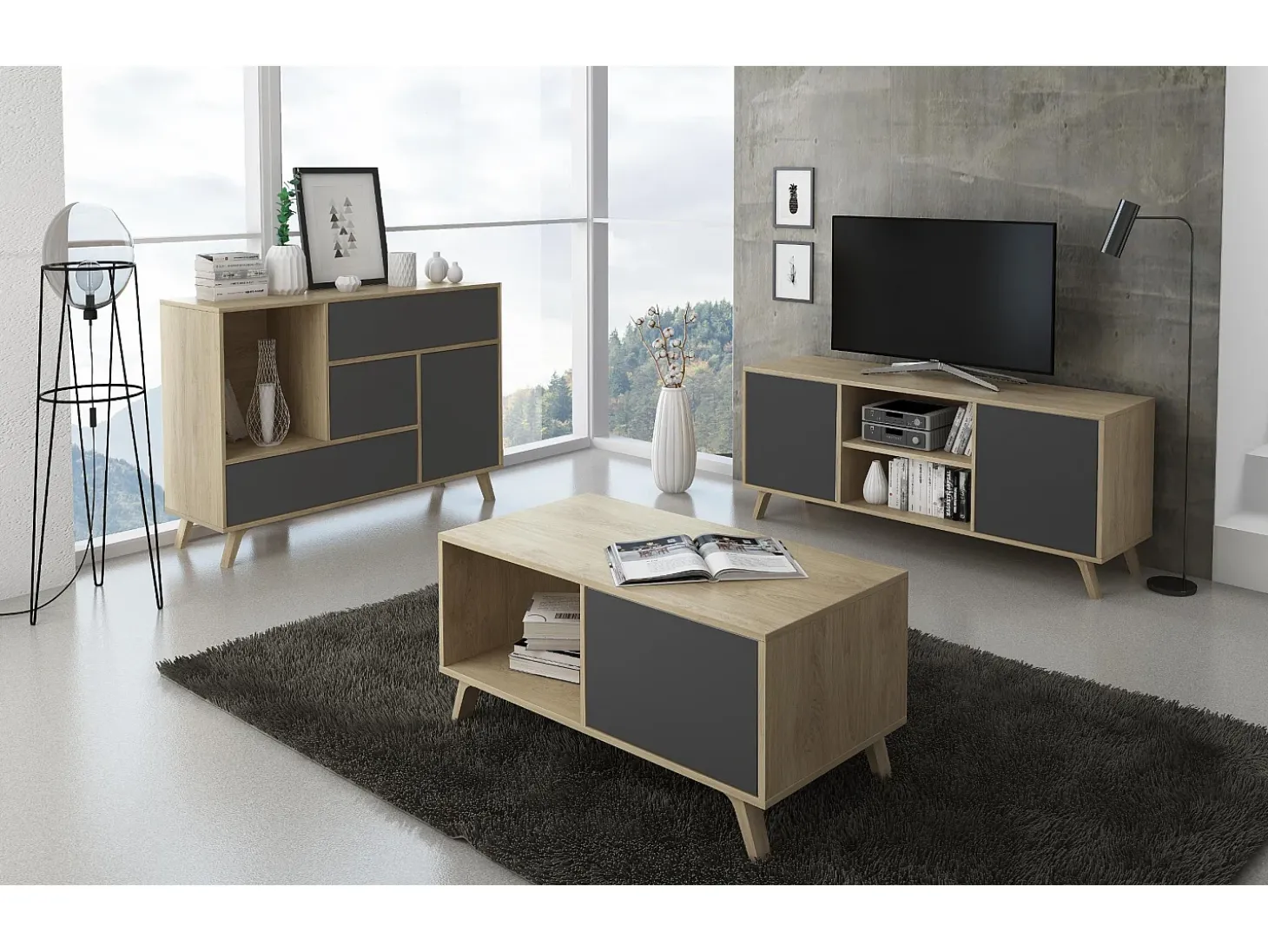 Móvel de TV modelo WIND, cor Carvalho e Cinza Antracite, 137x40x57cm