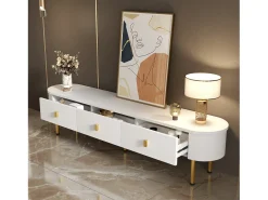 Móvel de TV moderno - 3 gavetas com puxadores e pés dourados - Branco