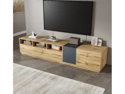 Móvel de TV moderno - 200 x 45 x 45 cm - com 3 portas + compartimentos abertos - aglomerado - natural