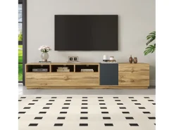 Móvel de TV moderno - 200 x 45 x 45 cm - com 3 portas + compartimentos abertos - aglomerado - natural
