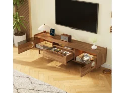Móvel de TV moderno - 180 x 40 x 50 cm - com LEDs + área de descanso para gatos + 2 portas + 1 gaveta - MDF - natural