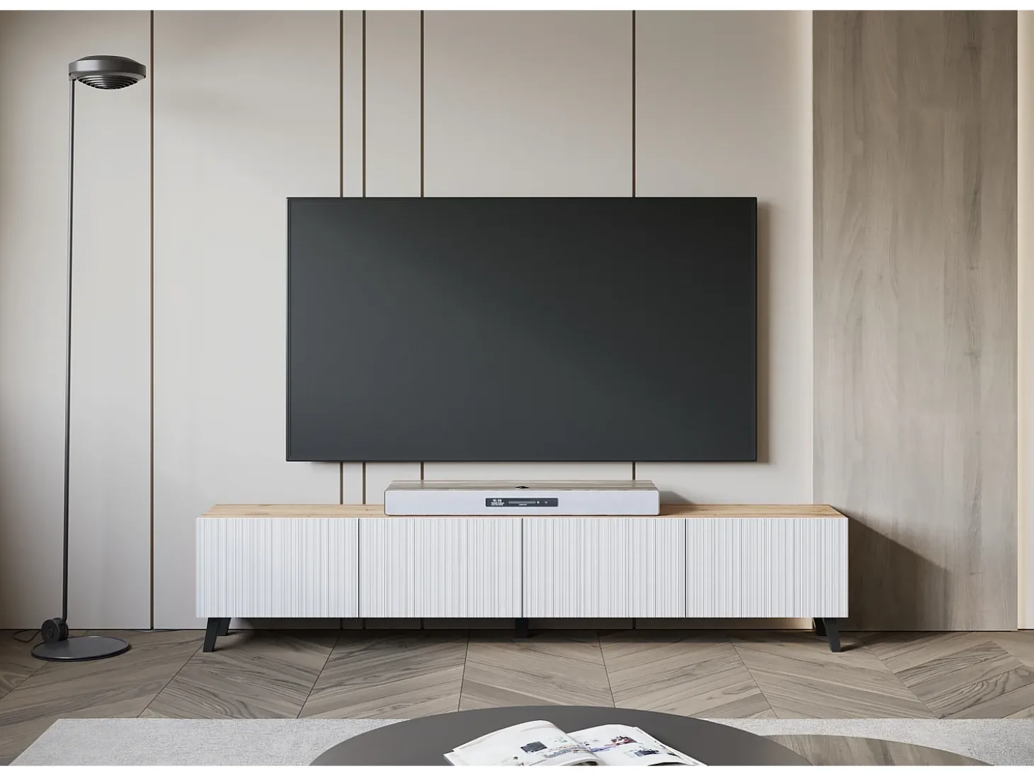 Móvel de TV moderno 190 cm artisan com pés para sala de estar, frentes em MDF brancas com ranhuras, 4 portas basculantes