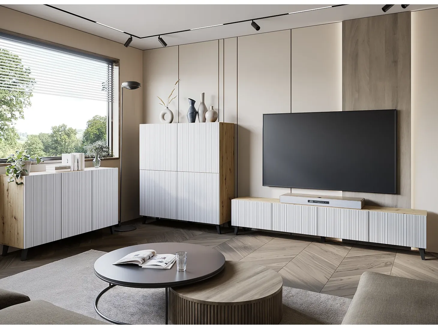 Móvel de TV moderno 190 cm artisan com pés para sala de estar, frentes em MDF brancas com ranhuras, 4 portas basculantes