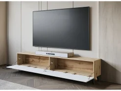 Móvel de TV moderno 190 cm artisan com pés para sala de estar, frentes em MDF brancas com ranhuras, 4 portas basculantes