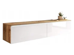 Móvel de TV moderno 140 cm para sala – 2 portas sem puxadores, corpo carvalho wotan mate / frentes branco brilho, de chão ou suspenso