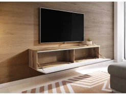 Móvel de TV moderno 140 cm para sala – 2 portas sem puxadores, corpo carvalho wotan mate / frentes branco brilho, de chão ou suspenso