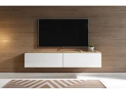 Móvel de TV moderno 140 cm para sala – 2 portas sem puxadores, corpo carvalho wotan mate / frentes branco brilho, de chão ou suspenso