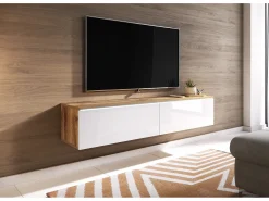 Móvel de TV moderno 140 cm para sala – 2 portas sem puxadores, corpo carvalho wotan mate / frentes branco brilho, de chão ou suspenso