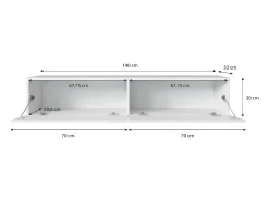 Móvel de TV moderno 140 cm para sala – 2 portas sem puxadores, corpo carvalho wotan mate / frentes branco brilho, de chão ou suspenso