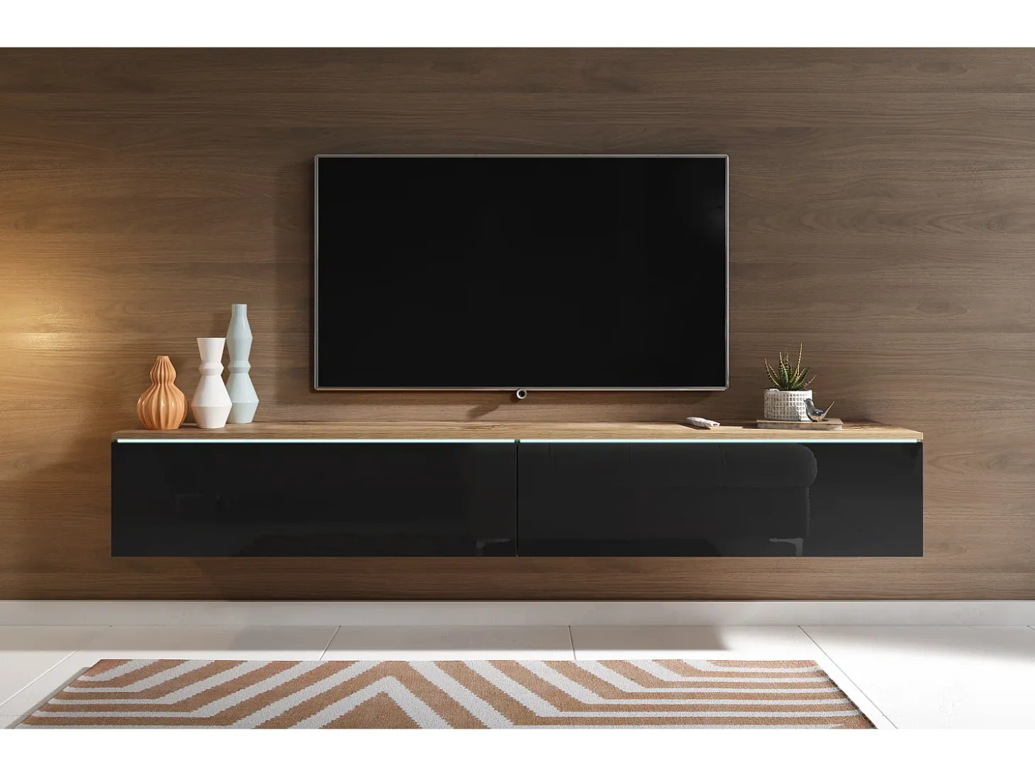 Móvel de TV moderno 180 cm para sala – 2 portas, sem puxadores, mate + brilho, de chão ou suspenso, carvalho wotan / preto brilho