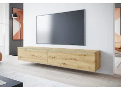 Móvel de TV moderno 180 cm para sala – 2 portas, sem puxadores, acabamento mate, de chão ou suspenso, carvalho artisan