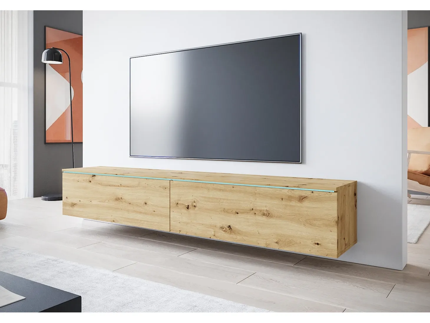 Móvel de TV moderno 180 cm para sala – 2 portas, sem puxadores, acabamento mate, de chão ou suspenso, carvalho artisan