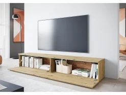 Móvel de TV moderno 180 cm para sala – 2 portas, sem puxadores, acabamento mate, de chão ou suspenso, carvalho artisan