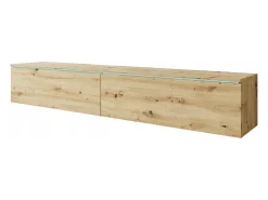 Móvel de TV moderno 180 cm para sala – 2 portas, sem puxadores, acabamento mate, de chão ou suspenso, carvalho artisan