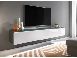Móvel de TV moderno 180 cm para sala com LED – 2 portas, sem puxadores, corpo antracite fosco, frentes branco brilho, de chão ou suspenso