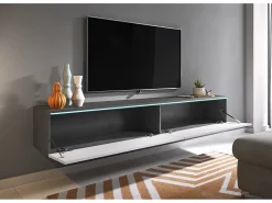 Móvel de TV moderno 180 cm para sala com LED – 2 portas, sem puxadores, corpo antracite fosco, frentes branco brilho, de chão ou suspenso