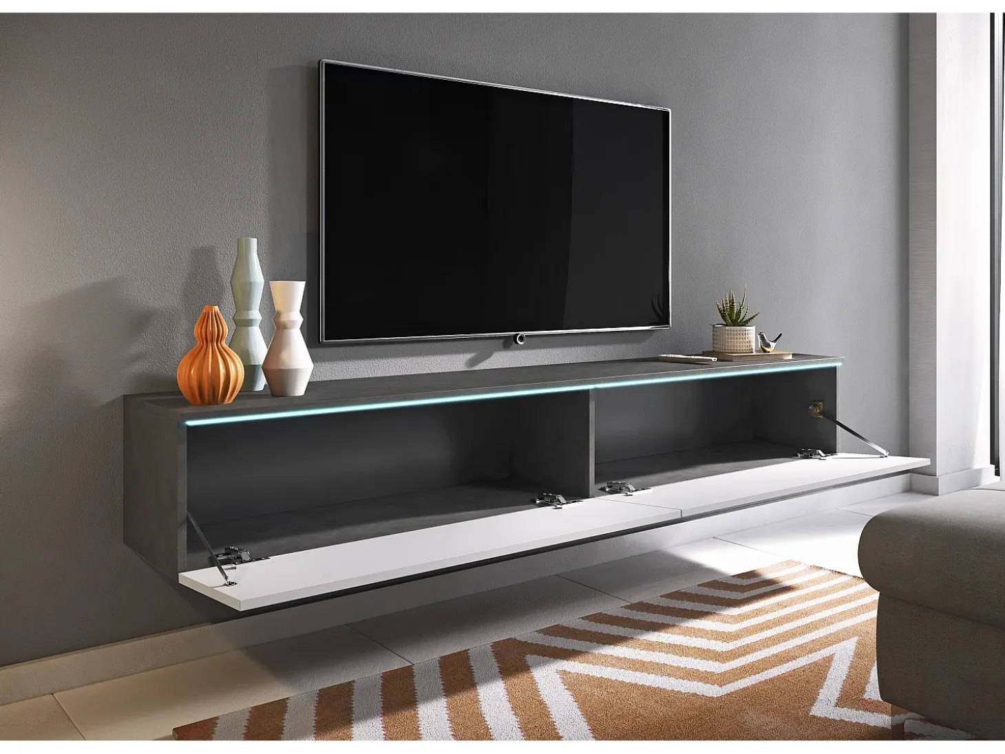 Móvel de TV moderno 180 cm para sala com LED – 2 portas, sem puxadores, corpo antracite fosco, frentes branco brilho, de chão ou suspenso