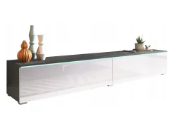 Móvel de TV moderno 180 cm para sala com LED – 2 portas, sem puxadores, corpo antracite fosco, frentes branco brilho, de chão ou suspenso